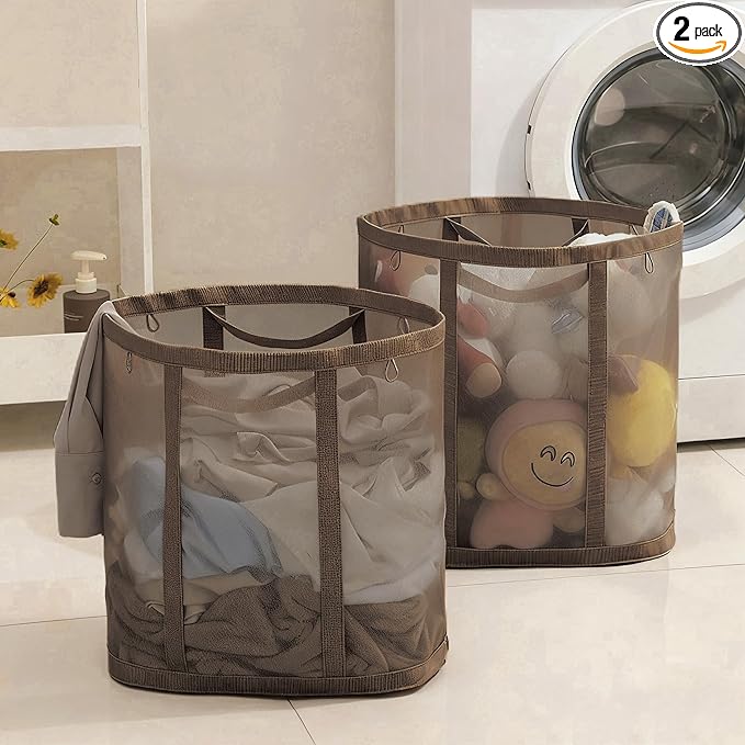 Mesh Bag with Handles, Collapsible Laundry Basket, Foldable Laundry Bag