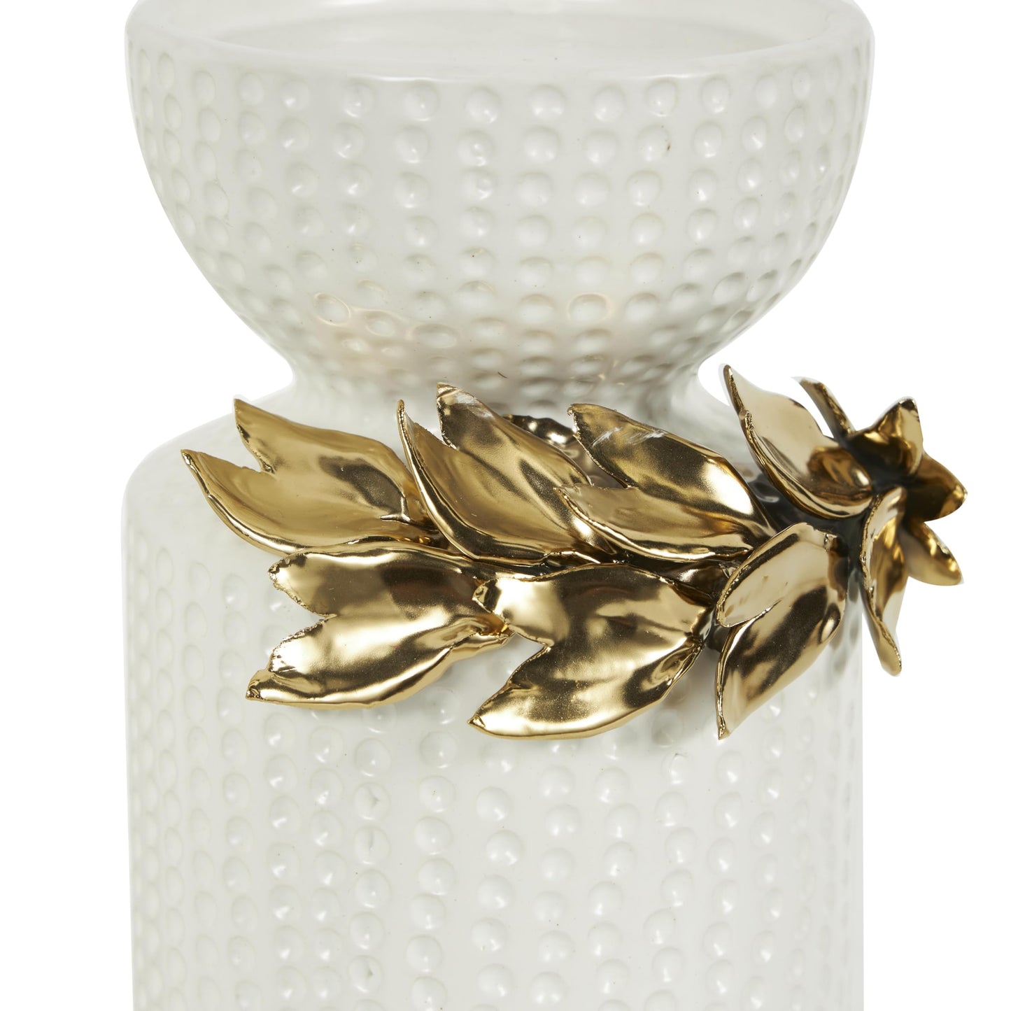 Deco 79 Ceramic Decorative Candle Holder Candle Stand with Abstract Spotted Pattern and Gold Leaf Accents, Set of 2 Candlestick Holder 12", 9" H, White