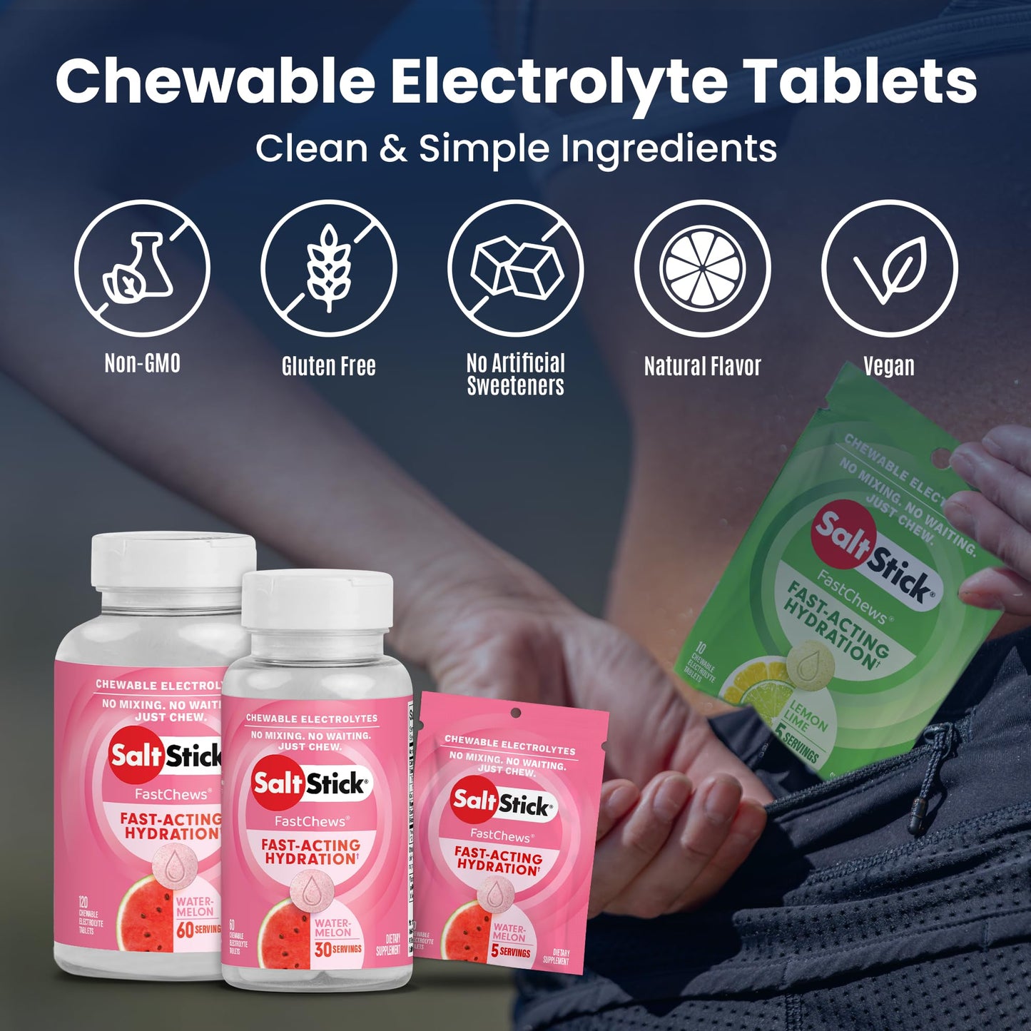 SaltStick FastChews Electrolytes - 60 Chewable Electrolyte Tablets - Salt Tablets for Running, Fast Hydration, Leg Cramps Relief, Sports Recovery - Non-GMO, Vegan, Gluten Free (Watermelon)