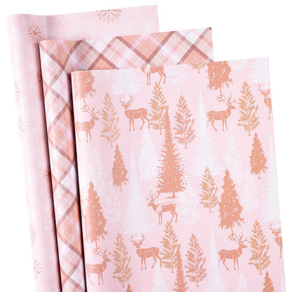 RUSPEPA Pink Christmas Wrapping Paper Set, Mini Roll, Gold Foil Winter Wonderland Design with Reindeer, Snowflake, Plaid Patterns Perfect for Holiday Gifts, 3 Rolls, 17 inches x 10 feet per Roll