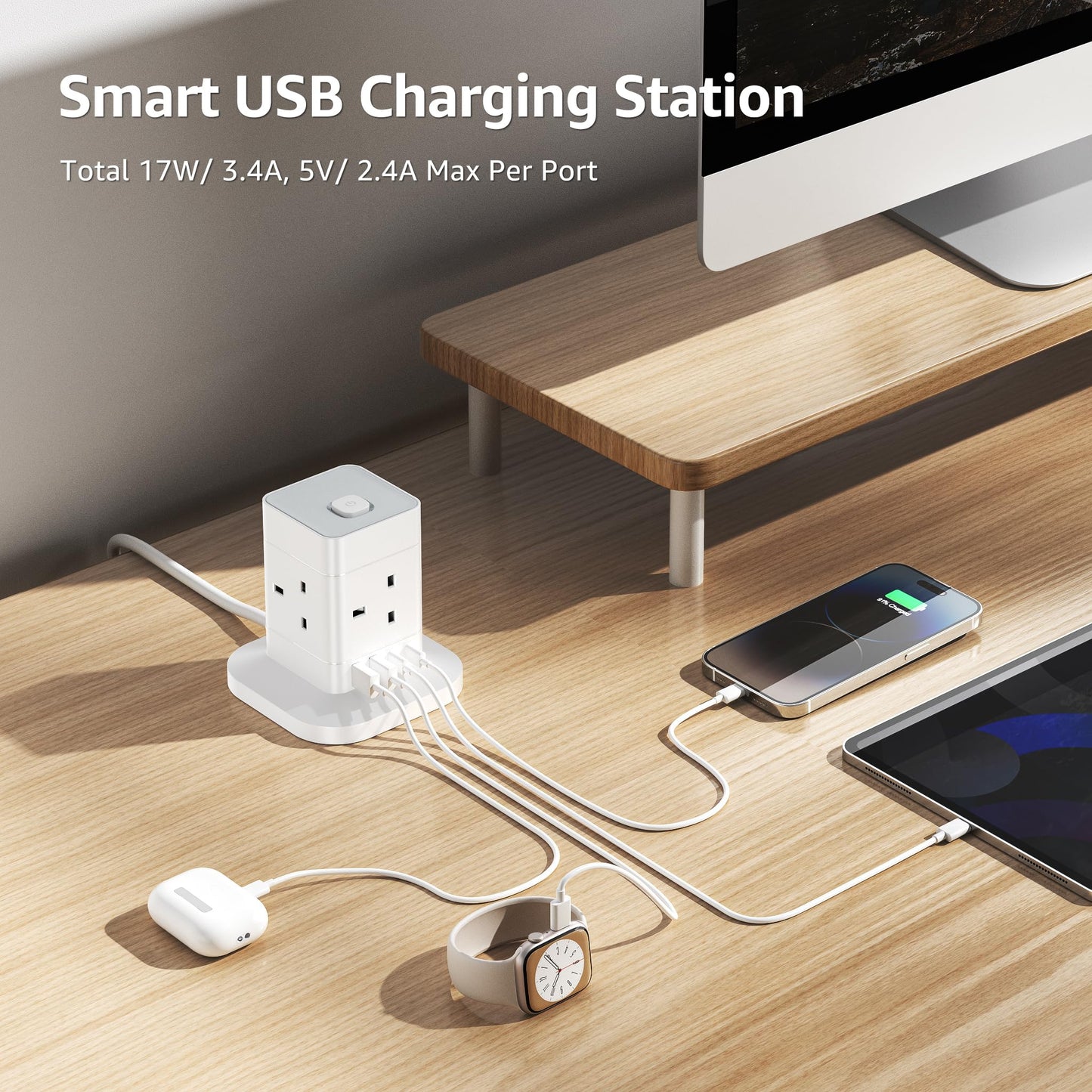 Cube Extension Lead with USB Slots, Hotimy 4 Way Multi Plug Extension Socket with 2 USB C and 2 USB A, 13A 3250W Power Strip with Switch 1.5M Extension Cords for Desk Home Office Travel