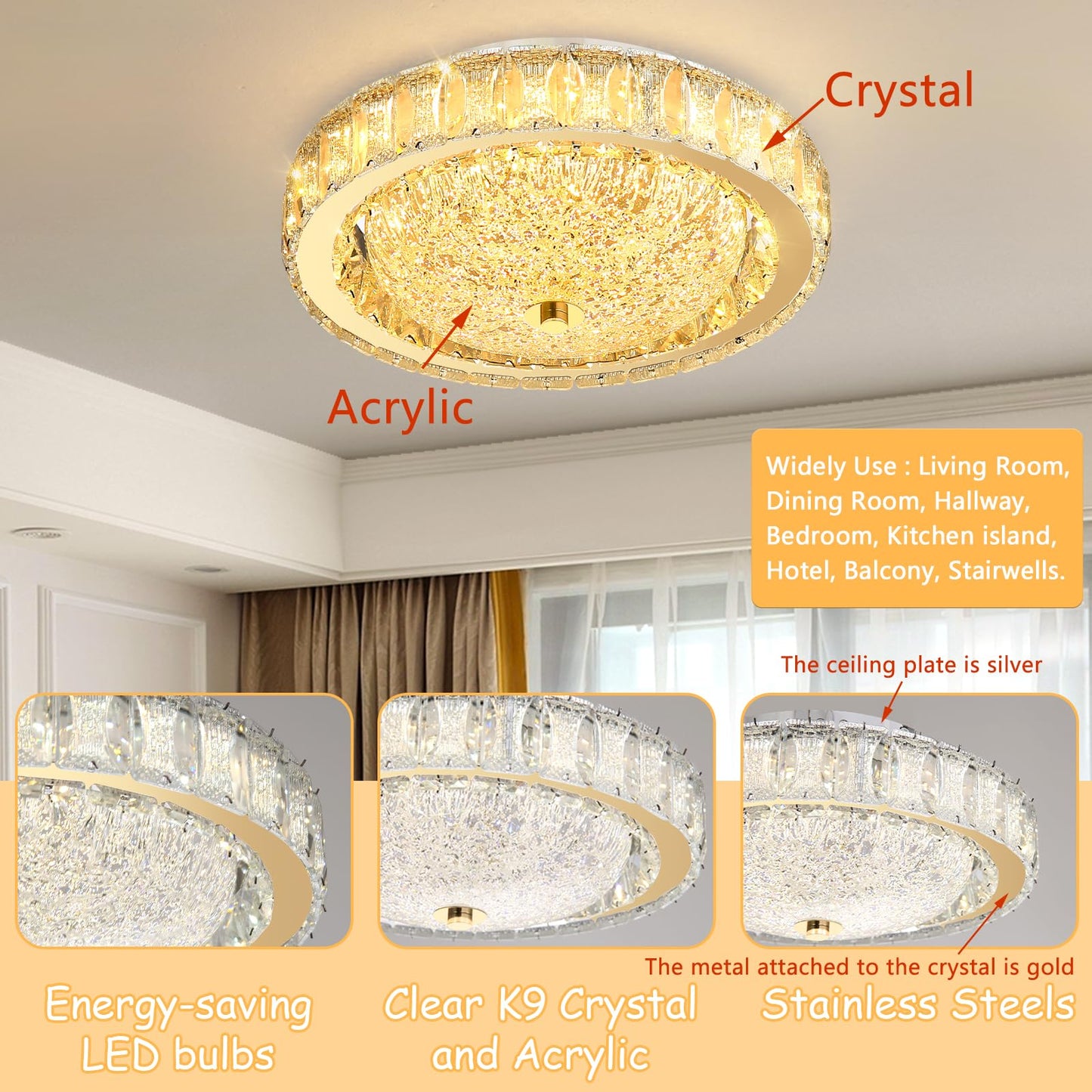 AFQEJG 11.8" Modern Mini Crystal Chandelier Dimmable LED Flush Mount Ceiling Light with Remote Control for Bedroom Hallway Dining Room Gold