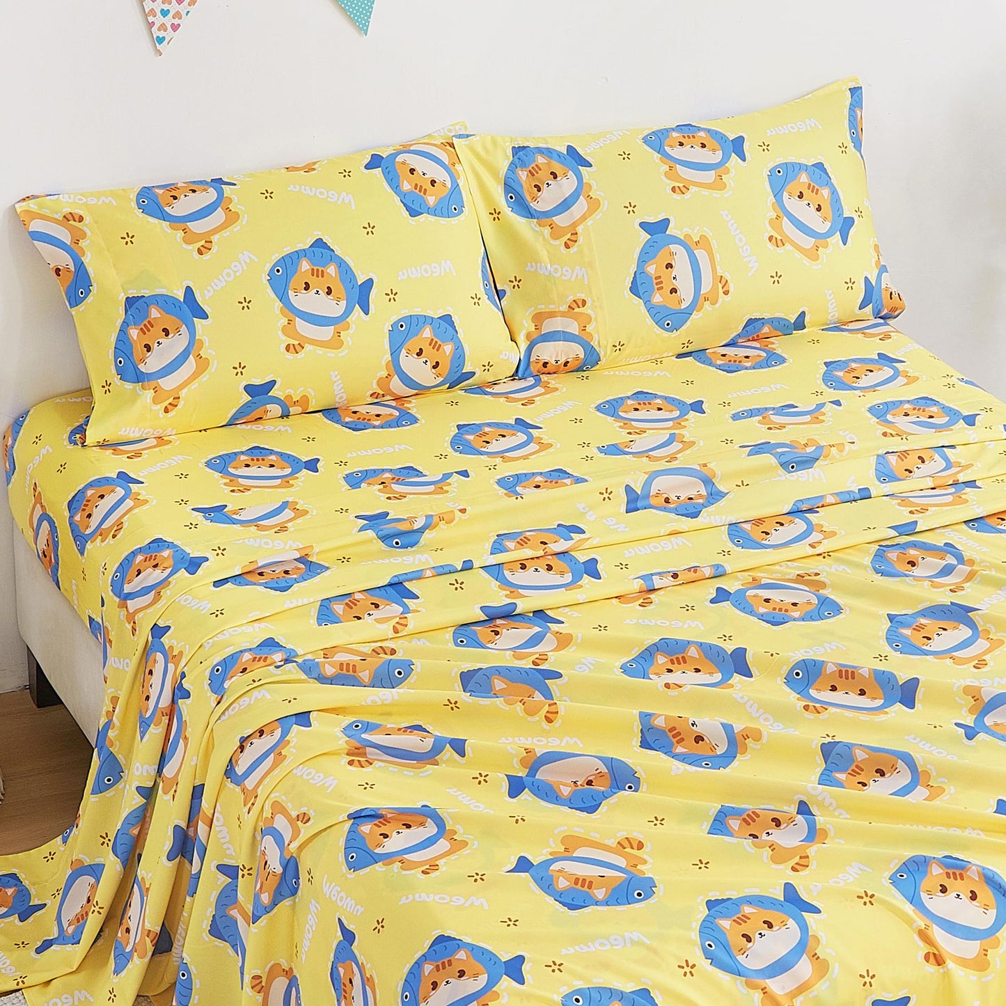 CozySmile Full Sheet Set Kids,4 Pieces Breathable Soft Microfiber Bedsheets for Child Boys Girls, Oeko-TEX, Anti Pilling Deep Pockets Easy Care Bed Sheets, Cat Fish