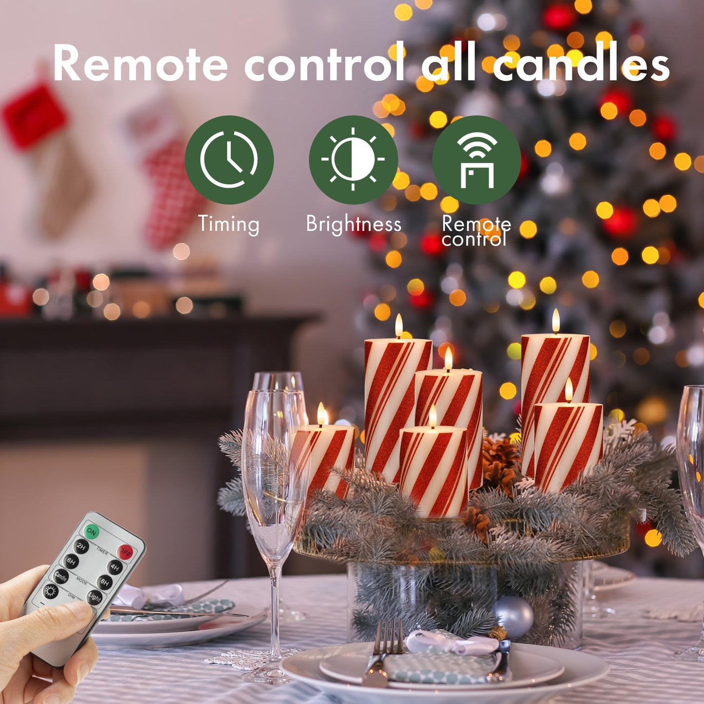 AFINETH Flameless Pillar Candles with Remote, Battery Operated Red Candy Cane Candles Real Wax, Flat Top Flickering Christmas LED Candle Decorations for Xmas, Home, Party Decor, Set of 3
