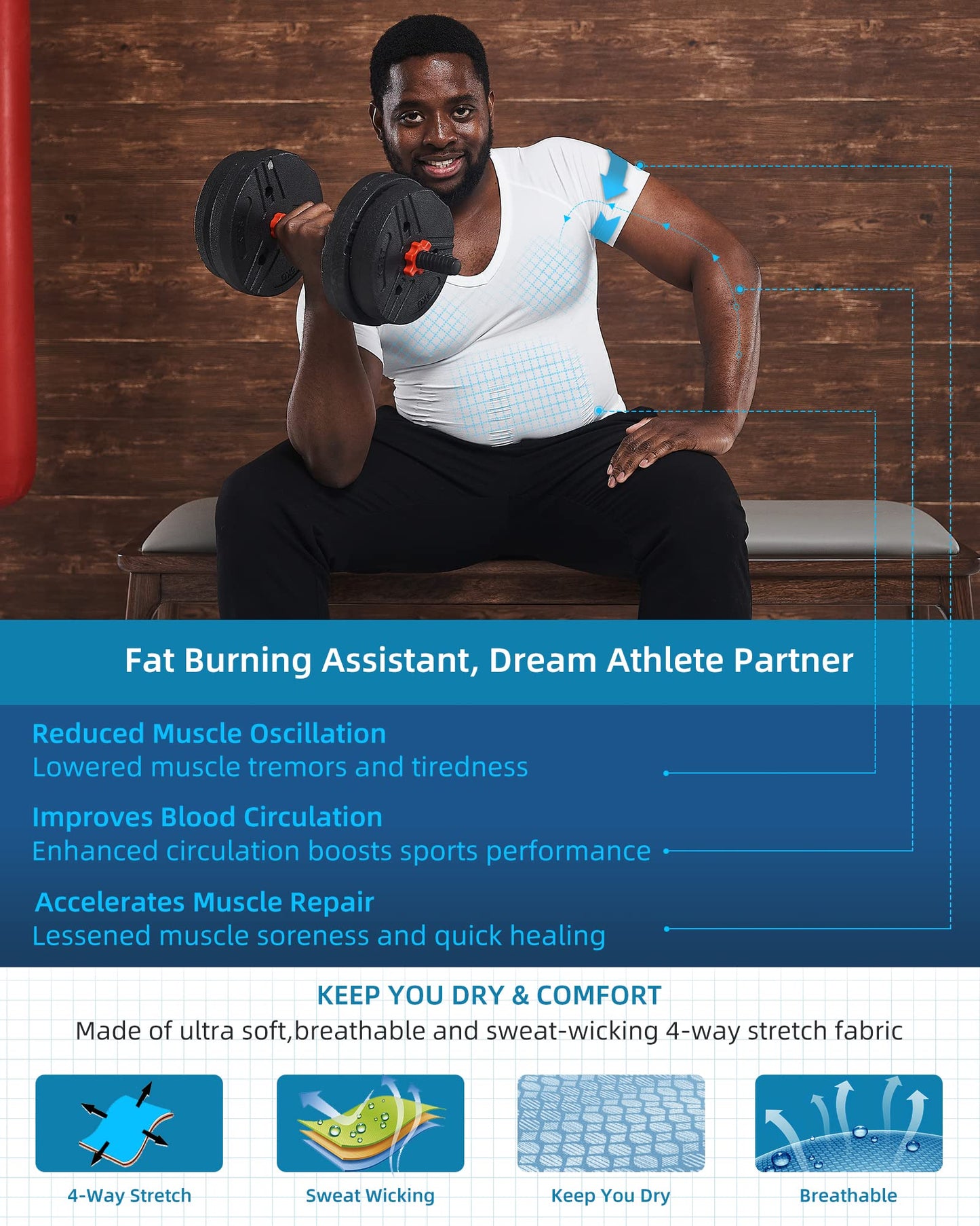 KOCLES Gynecomastia Compression Shirts for Men, Shapewear Slimming Body Shaper Undershirt, V-Neck Baselayer T-Shirt for Workout Sports, Fajas para Hombres (White, X-Large)