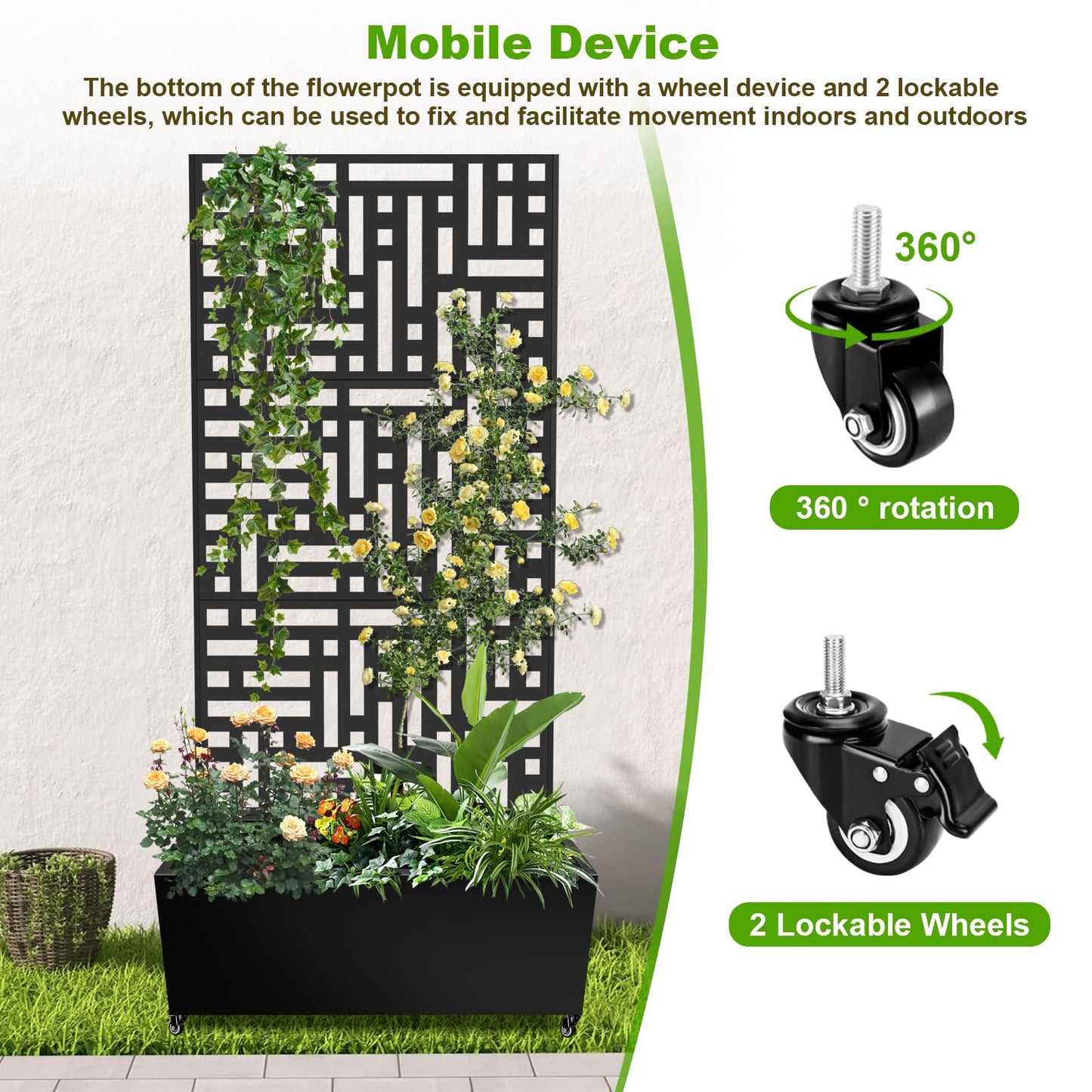 Meyoppm 72"x35"x16" Metal Planter Box with Trellis, Galvanized Steel Raised Garden Bed with Lockable Casters & Drainage Holes, Outdoor Large Planter Box for Climbing Plants, Vegetables & Flowers