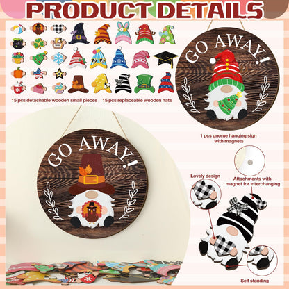 Easter Seasonal Gnome Wall Decor Set, 11.8 inch Wooden Round Sign with Interchangeable Holiday Hats, Go Away Door Hanging (Attractive)