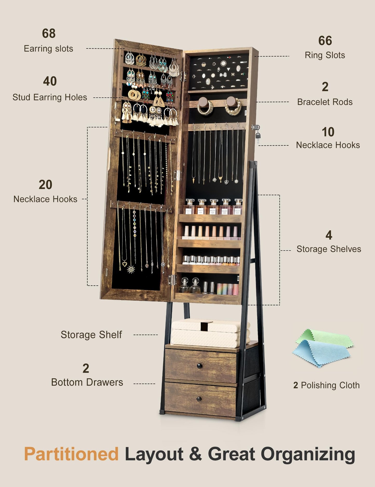 Nicetree Jewelry Cabinet,Standing Jewelry Mirror with Storage, Mirror Jewelry Armoire with 2 Drawers, Full Length Mirror with Lock, Shelf, Polishing Cloth,Wood Grain Brown