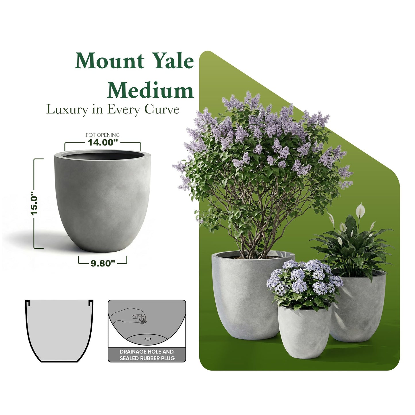 DTY Mount Yale 15.7" D x 15" H (Pot Opening 12.2") Fiberstone Planter with Drainage Hole, Weather Resistant for Indoor and Outdoor, 2 Extra Coco Mats - Gray, Medium