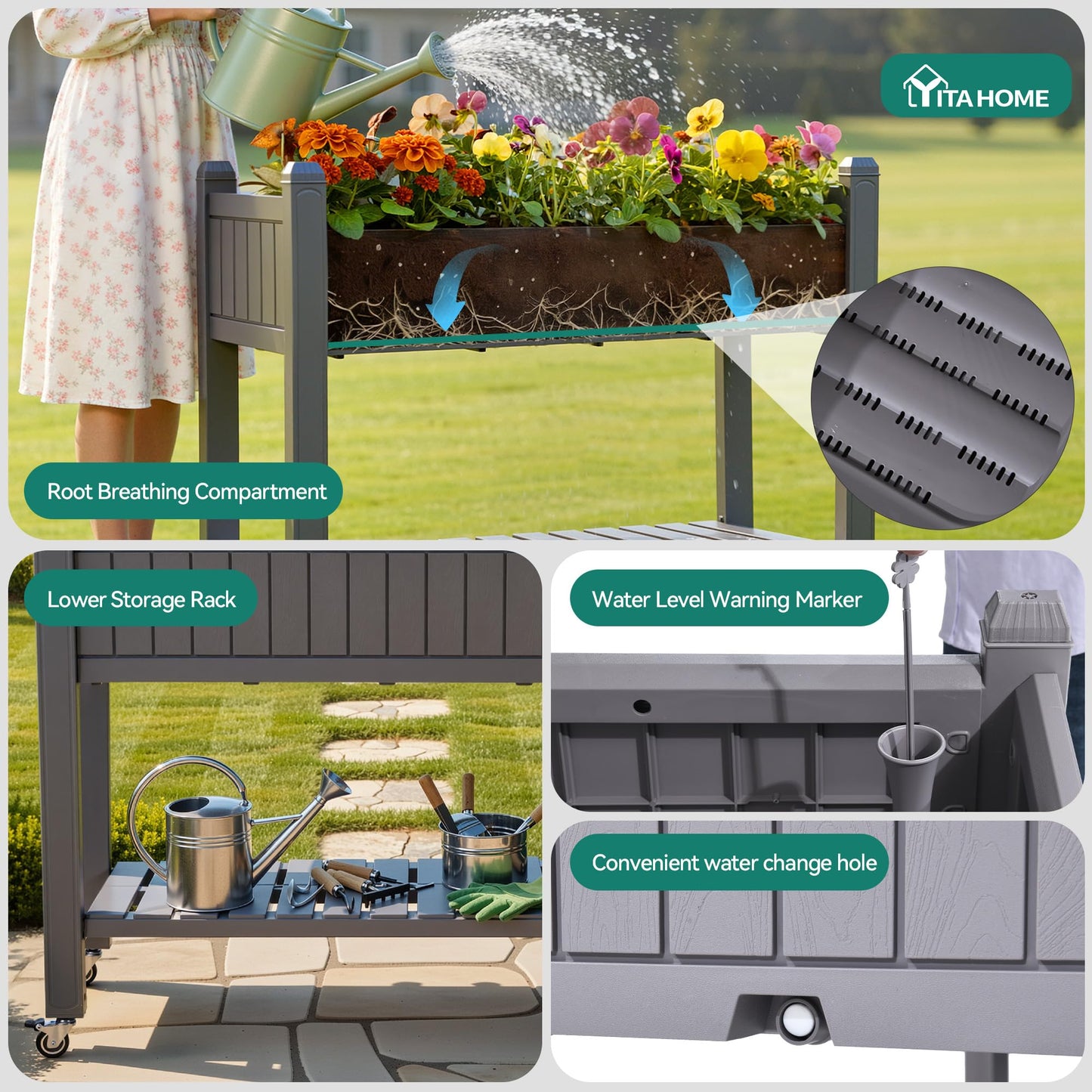 YITAHOME 42.5x17.3x35.4 in Raised Garden Bed, Outdoor Plastic Planter Box with Wheels, Legs, Drain Plug, and Storage Shelf for Plants, Vegetables, Flowers, Herbs, Brown