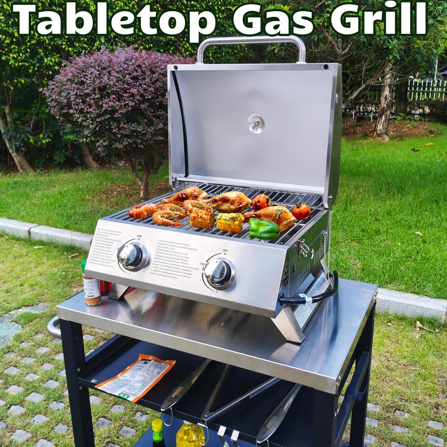 BBQCuker Small Tabletop Gas Grill 2-Burner, Portable Propane Gas Grill with Foldable Legs for Outdoor Camping Cooking Two 10,000 BTU Burners Stainless Steel,Built-in Thermometer