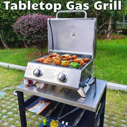 BBQCuker Small Tabletop Gas Grill 2-Burner, Portable Propane Gas Grill with Foldable Legs for Outdoor Camping Cooking Two 10,000 BTU Burners Stainless Steel,Built-in Thermometer