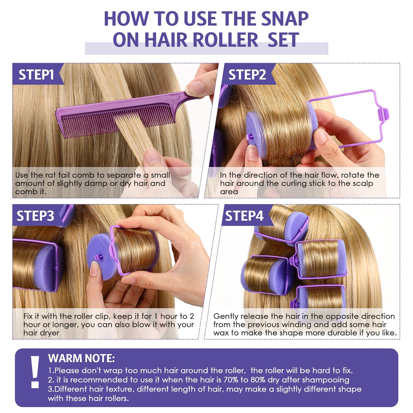 Syhood 12 Pcs Jumbo Foam Sponge Hair Rollers 1.89 Inch Soft Sleeping Curlers Flexible Large Foam Rollers and Rat Tail Comb for Hair Styling(Purple)