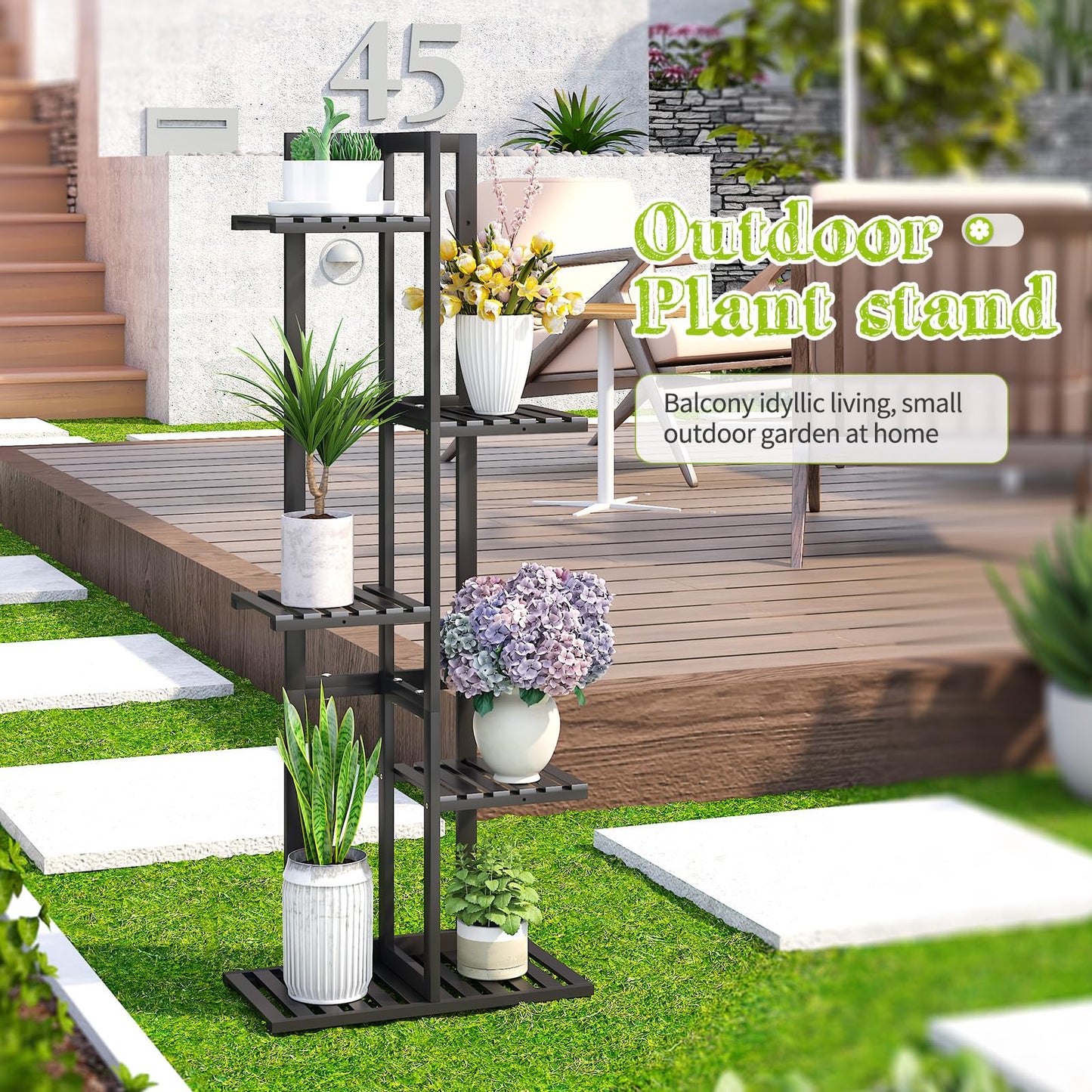 BMOSU Bamboo Plant Stand for Indoor Outdoor Plants Corner Tall Plant Shelf 6 Potted Holder Shelf Plant Rack Holder Display Rack(Black)