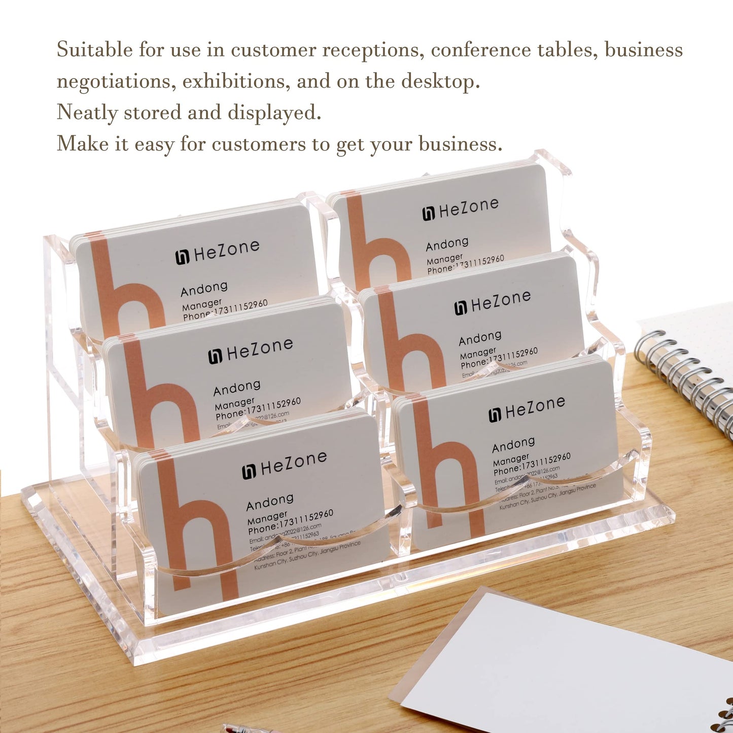 HeZone Business Cards Holder Display for Desk, Clear Acrylic Multiple 3 Tier 6 Slot Business Card Stand, Holds 300 Cards-1 Pack (6 Slots-H)