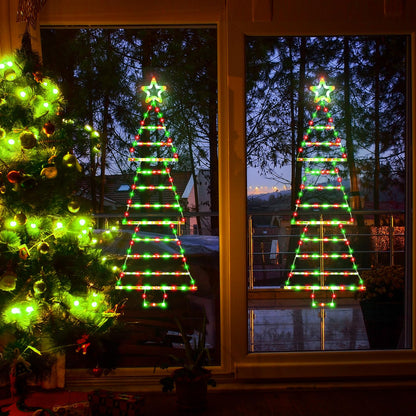 PUHONG (New) Christmas Ladder Lights, 4.6ft Christmas Decorations with Star Topper, Xmas Hanging Ornament with 8 Light Modes, LED Indoor String Lights for Doors, Walls and Windows - Red&Green