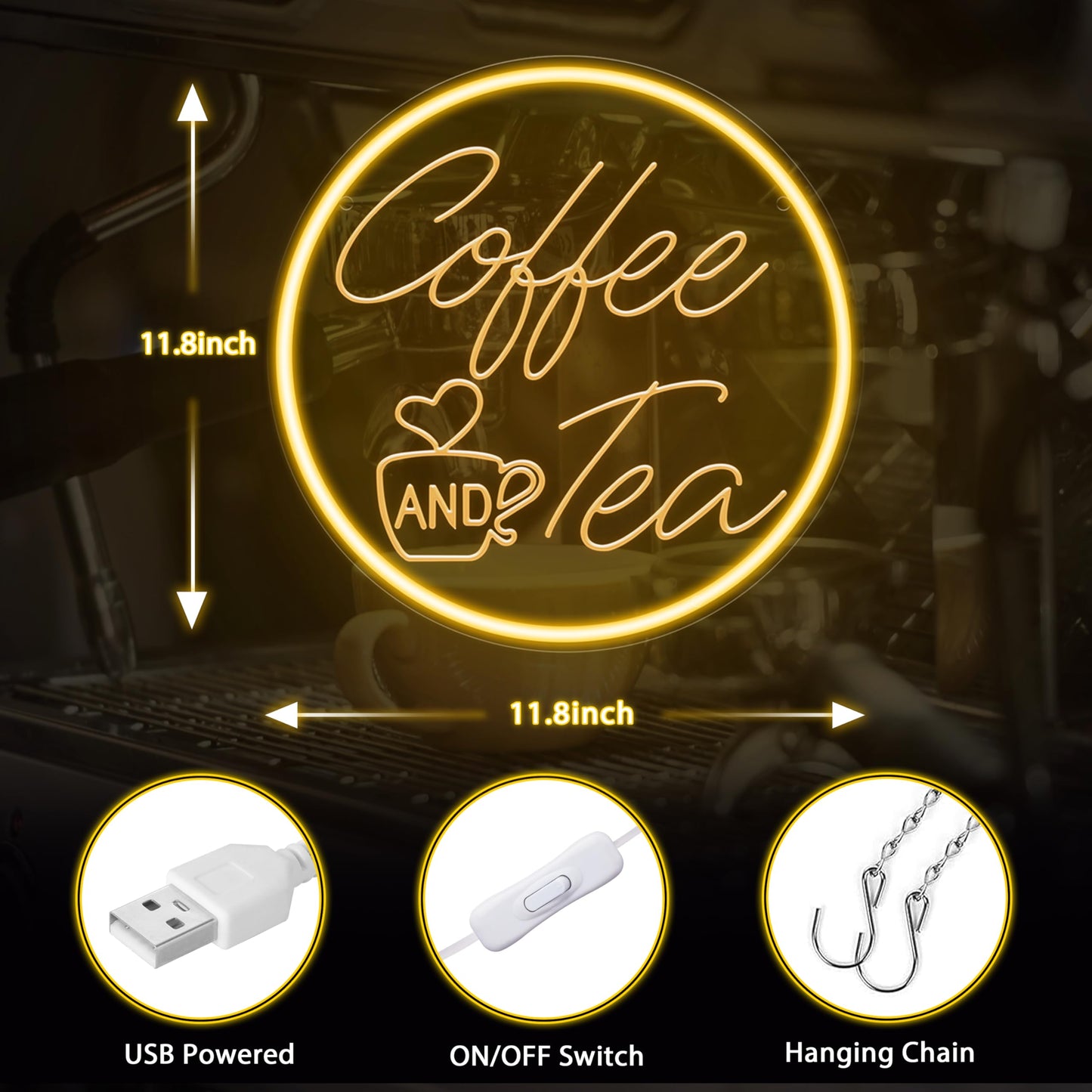 Kavaas Coffee and Tea Neon Signs 11.8"x 11.8", 3D Carved Coffee Neon Sign for Cafe Station, Tea Bar, Kitchen Decoration - Best Gifts for Birthday, Housewarming, Christmas