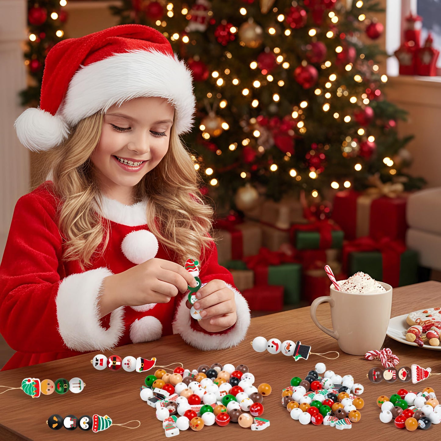 HoniedPepperino Christmas Wooden Bead with Twine - 240Pcs DIY Santa Claus Snowman Gingerbread Man Elf Bead Garland Crafts, Xmas Farmhouse Rustic Round Decor Ornaments for Christmas Winter Party Home
