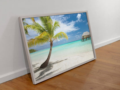 Beach Art Wall Decor Coral Beach Sand Sea Palapa Tropical Palm Tree Photo Sunset Landscape Pictures Ocean Scenic Scenery Nature Photography Paradise Cool Wall Art Print Poster 36x24