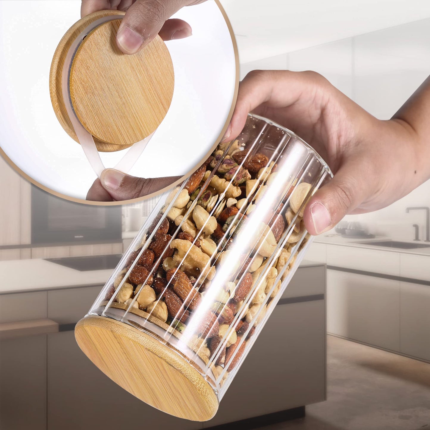 Steviieden 24 FL OZ Airtight Glass Jar with Bamboo Spoons Lids Overnight Oats Container Decorative Coffee Bar Food Storage Jar Cereal Nuts Salts Coffee Tea Flour Sugar Container Spice Jar