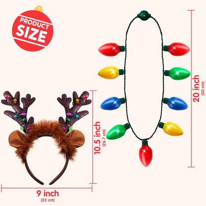 JOYIN 2PCS Christmas LED Necklace and Reindeer Headband, Light Up Necklace with 9 Bulbs, Christmas Headwear and Holiday Parties Xmas Costume Accessories Party Favors.