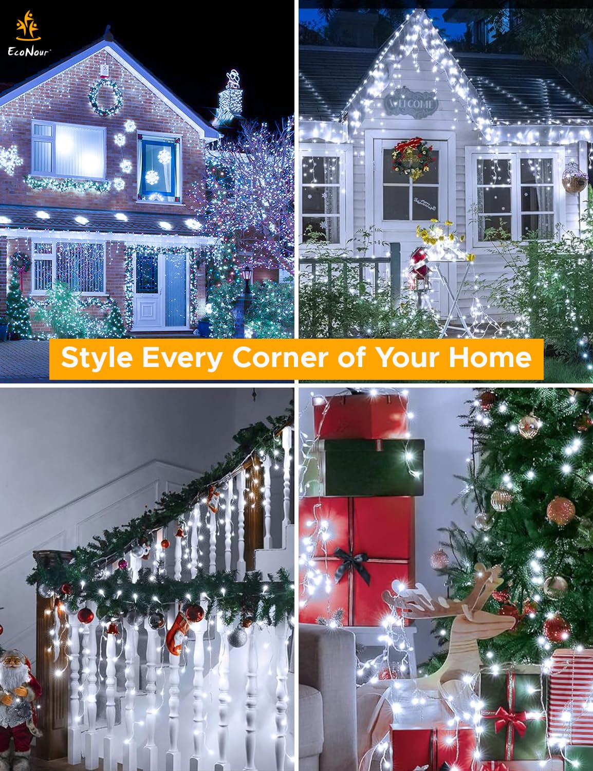 EcoNour Cool White Easter Icicle Lights for Outside, 114.82 FT 1000LED Outdoor Icicle Lights with 8 Mode, 8HR Timer, Memory Function, Clear Wire connectable, Plug in Fairy Lights for Roofline, Party