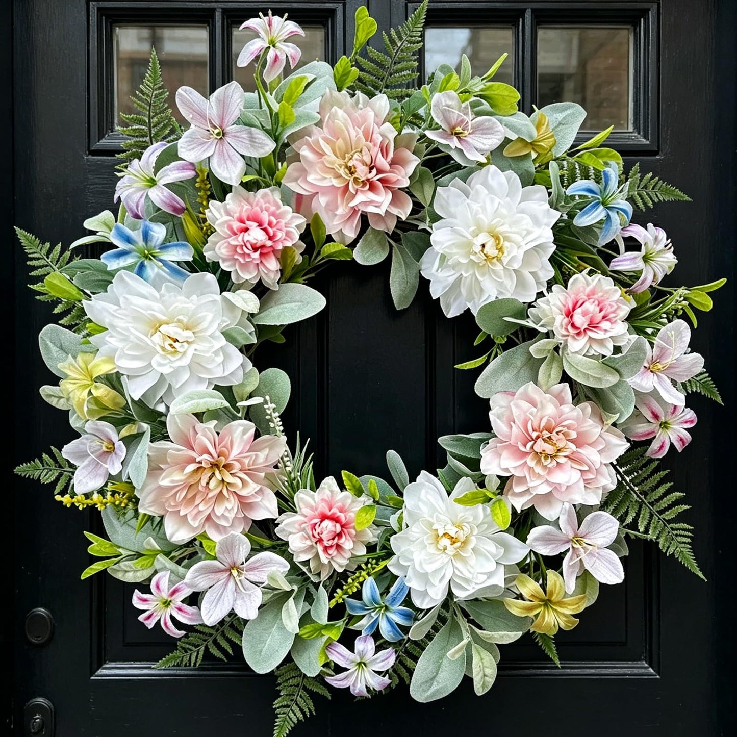 wwmira 22 Inch Artificial Dahlia Wreaths for Front Door, Spring Summer Wreath with Eucalyptus, Fern & Lamb's Ear Leaves, Farmhouse Floral Wreath for Home Porch Window Wall, All Season Decor