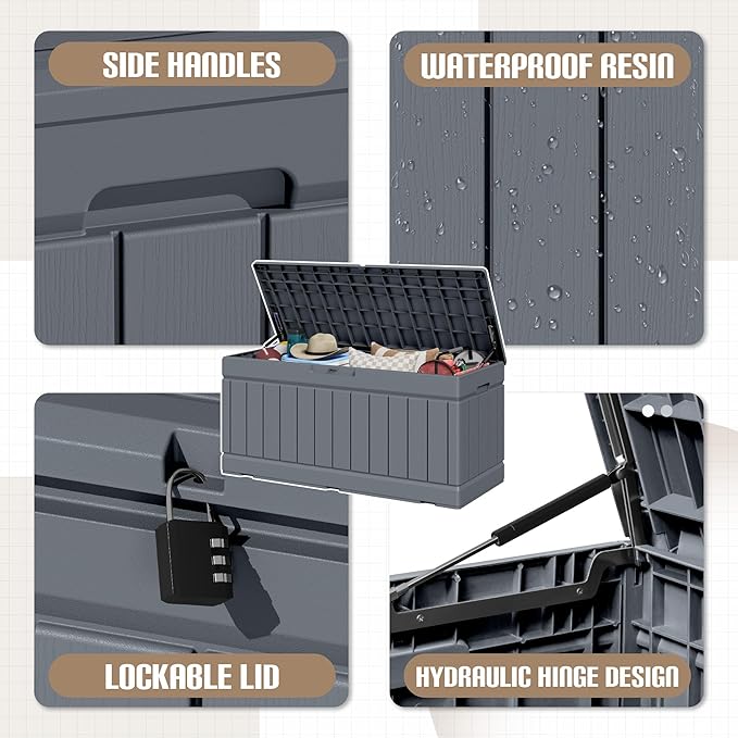 JUMMICO 78 Gallon Outdoor Deck Box Large Resin Storage Box for Patio Furniture Cushions, and Garden Tools (Gray)