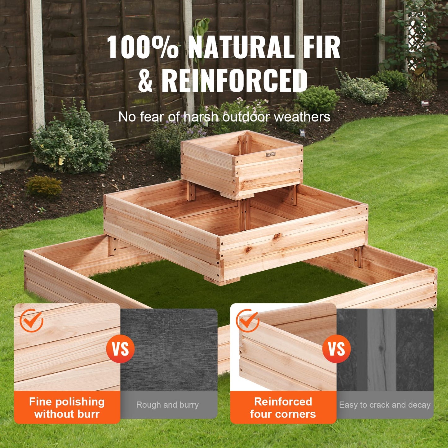 VEVOR 3 Tier Raised Garden Bed Wood Outdoor, 45 x 45 x 20in High End Natural Fir Wood Planter Box, Outdoor Planting Boxes for Flowers/Vegetables/Herbs in Backyard/Garden/Patio/Balcony, with Open Base