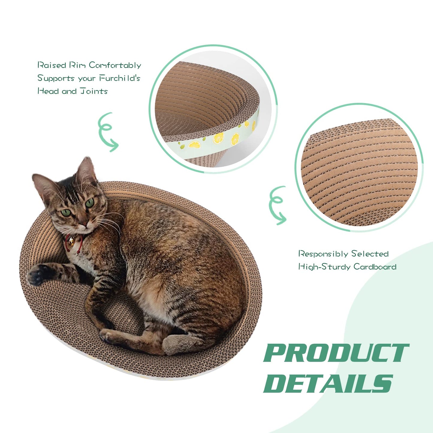 ROMOHOM Oval Cardboard Cat Scratcher Bed Lounger Couch for Indoor Cats, Corrugated Cat Scratching Pad Box Durable, Cat Scratch Lounge Furniture Protection (17.32 Inch)