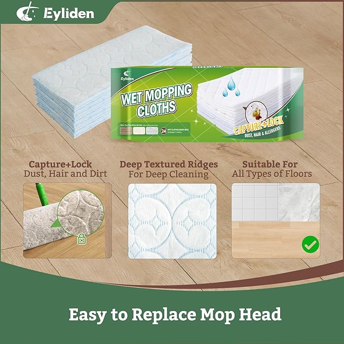 Eyliden 24-Count Disposable Wet Mop Pads Refills, Pre-Moistened