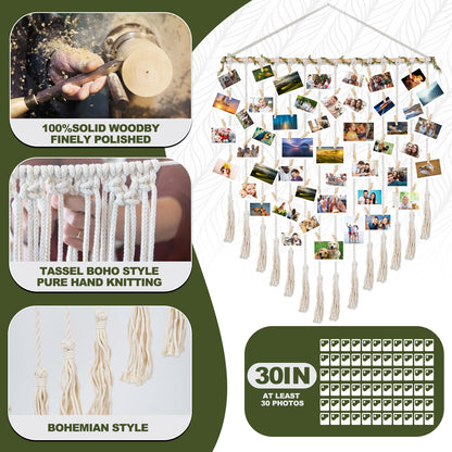Hanging Photo Display boho bedroom decor teenage girl room decor Birthday Gifts for Grandma gift for mom Grandma’s Gifts - from Daughter, Granddaughter and Grandson - Mom Grandmothers Photo Holder，with 30 Wood Clips, 35" L x 30'' W