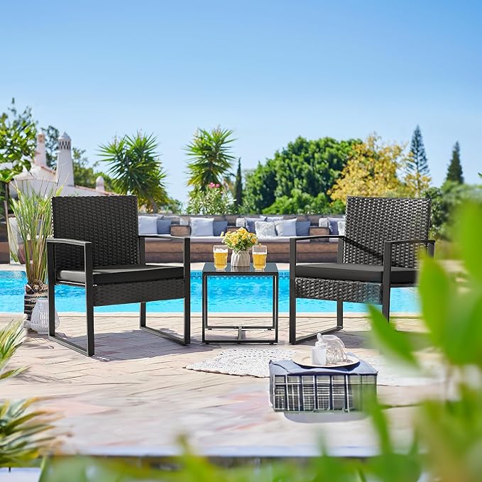 Flamaker 3 Pieces Outdoor Patio Wicker Furniture Set, Modern Rattan Chair Conversation Sets with Coffee Table for Yard and Bistro (Black)