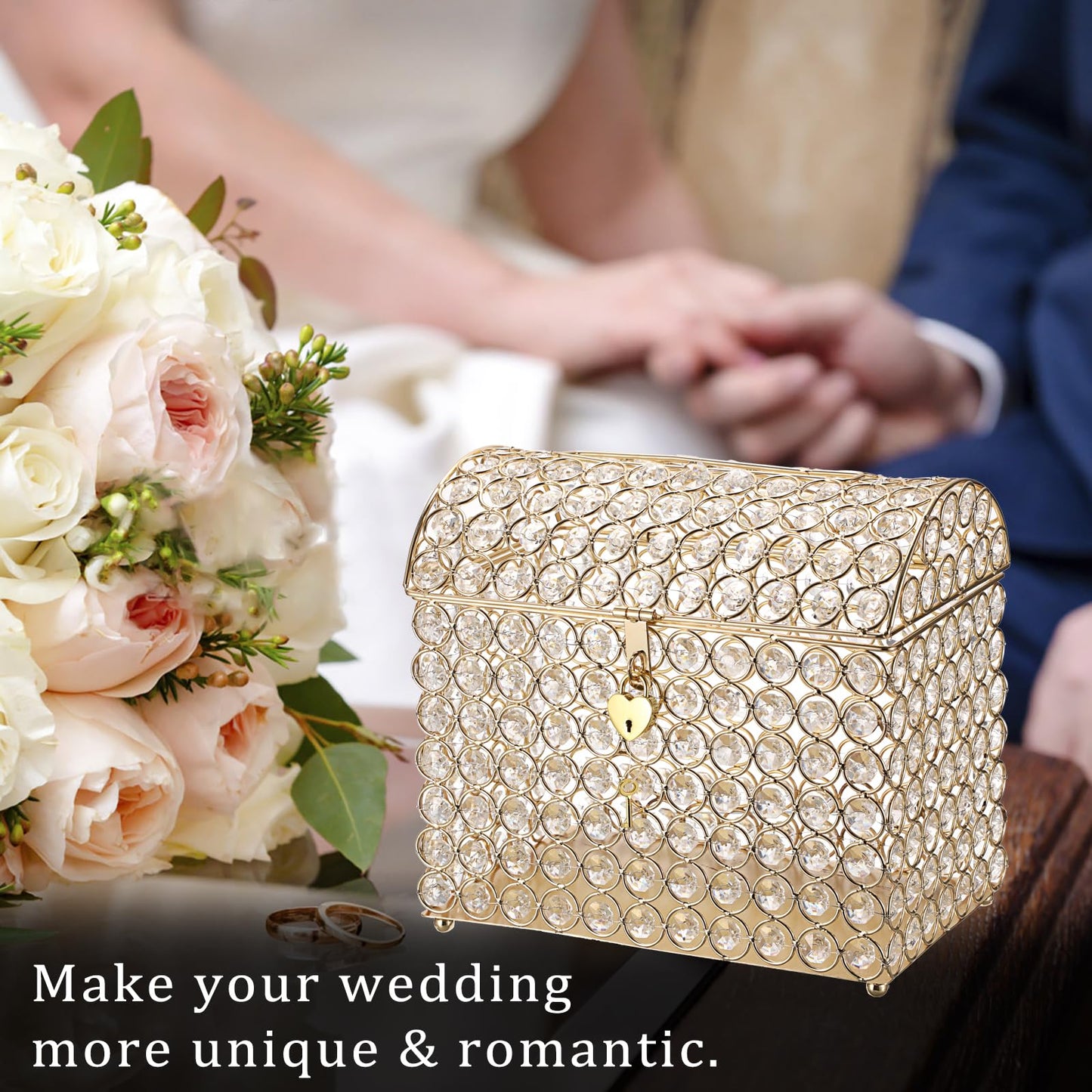 ELLDOO Crystal Wedding Card Box with Heart Lock, Money Card Box Treasure Chest Style Gold Gift for Wedding Receptions Centerpiece Decor Anniversary Keepsake Gift Display Csae, Medium