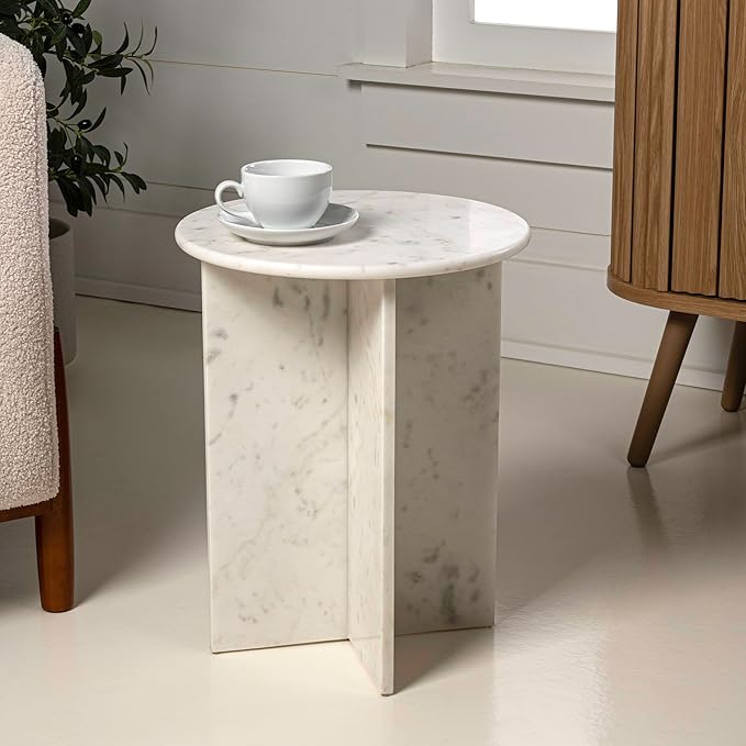 JONATHAN Y Javier Solid White Marble End Table, 17.75" Round Modern Accent Side