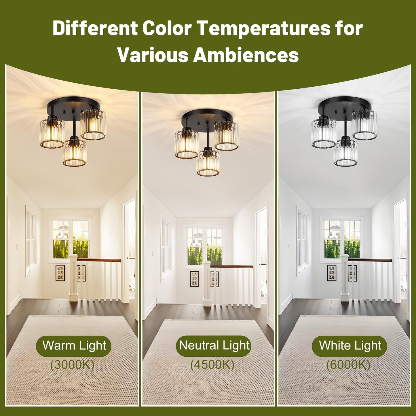 Btvsd 3-Light Crystal Semi Flush Mount Ceiling Light, Black Kitchen Lighting Fixtures Ceiling, Modern Hallway Light Fixtures with Clear Crystal Shades, Close to Ceiling Lamp for Bedroom Foyer Entryway