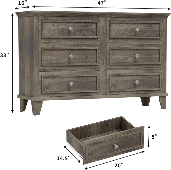 IDEALHOUSE 6 Drawer Dresser, Wooden Storage Chest of Drawers