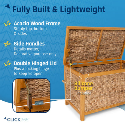 ClickDecor Wilson Wicker Storage Trunk with Lid, 30 Inch Handwoven Water Hyacinth Storage Chest with Acacia Wood Frame, Farmhouse Blanket Basket for Living Room, Bedroom or Entryway, Natural Brown