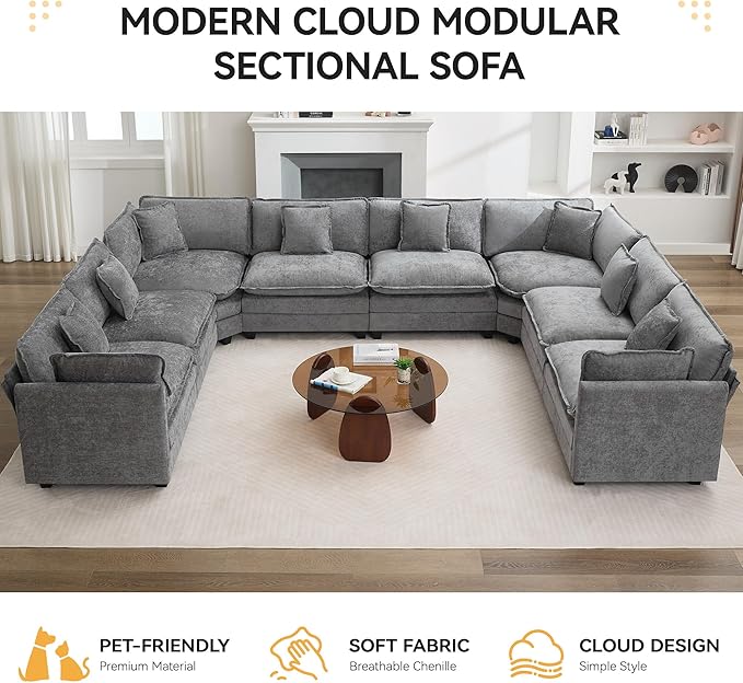 147'' Oversized U Shaped Cloud Sectional Sofa, Chenille Deep Seat Couches