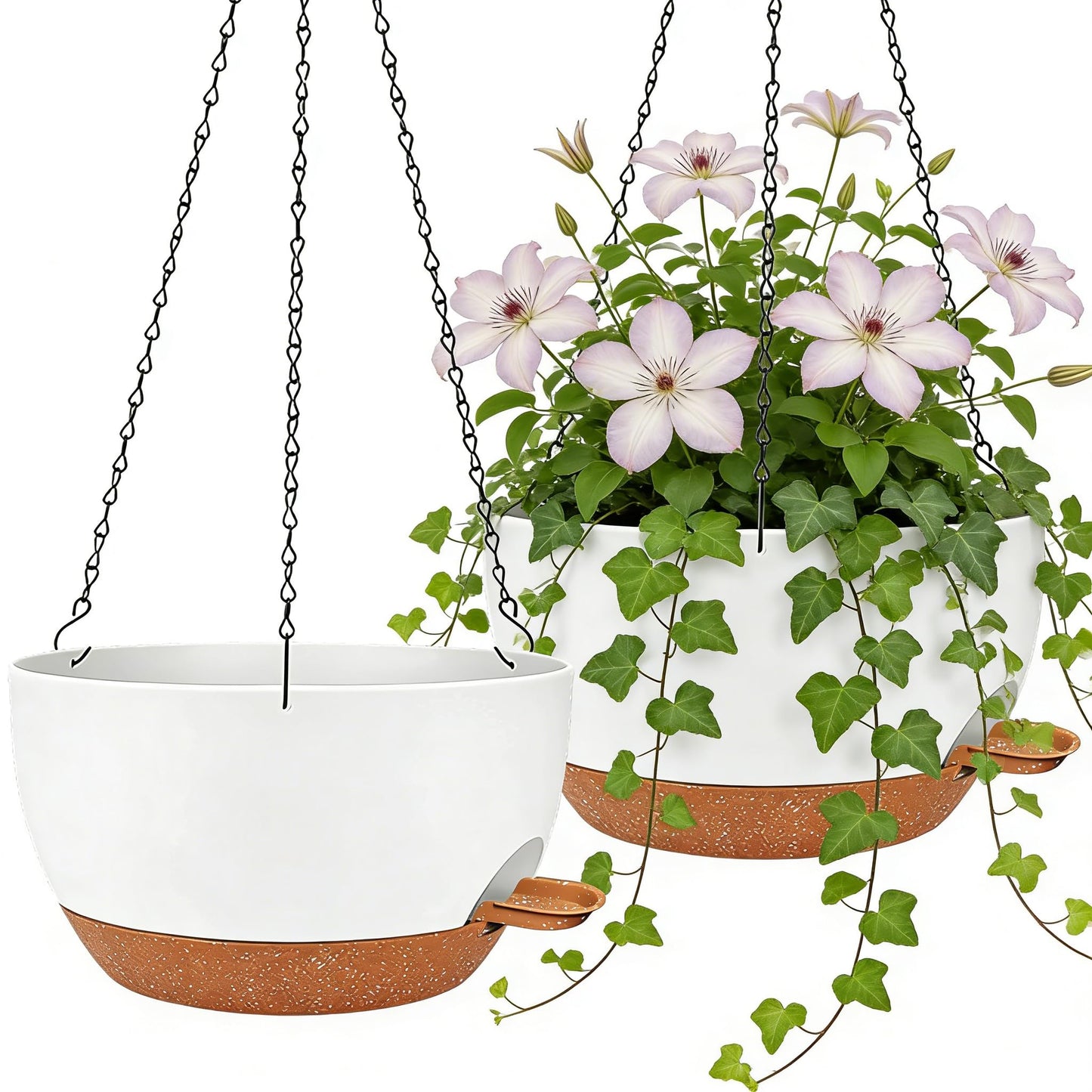 zople 2 Pack 12 Inch Self Watering Hanging Planters for Indoor Plants, Large White Brown Plastic Hanging Pots with Chains for Outdoor Patio Garden Home Decor White Brown