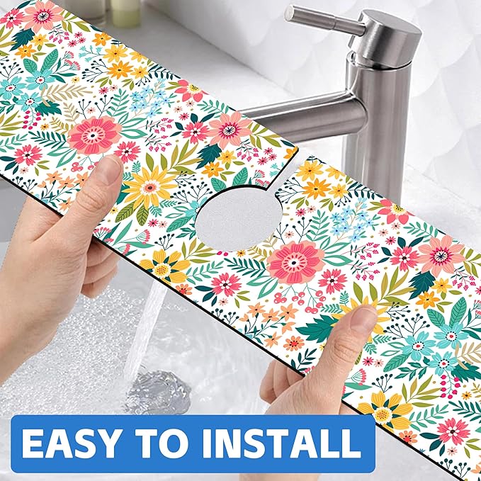Colorful Floral Leaves Berries Kitchen Sink Splash Guard Mat Absorbent Fast