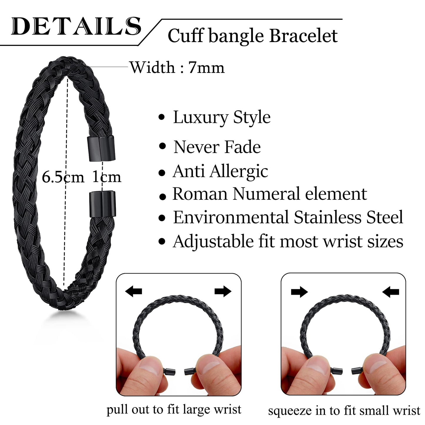 WFYOU 3PCS Stainless Steel Bracelets for Men Gold Roman Numeral Bangle Bracelet Twisted Cable Bracelet Adjustable Cuff Bracelet Mens Luxury Jewelry Bracelets Gifts(H:Black)