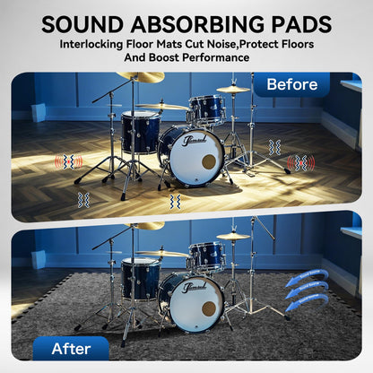 20 Pcs Interlocking Sound Absorbing Floor Mats, 11" x 11" x 0.4" High Density Anti Vibration Noise Reduction Pads, Non-Slip Felt Puzzle Mats for Drum, Piano, Music Studio, Home Gym