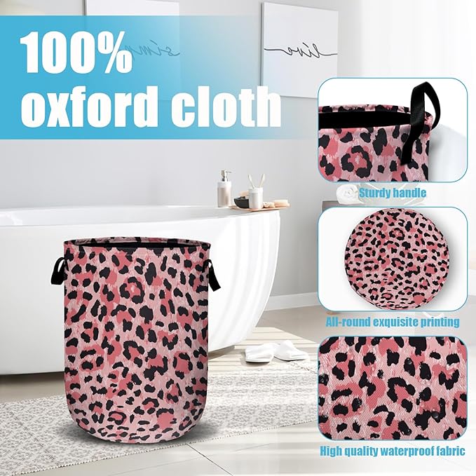 Pink Leopard Laundry Basket, Laundry Hamper Collapsible Oxford Cloth