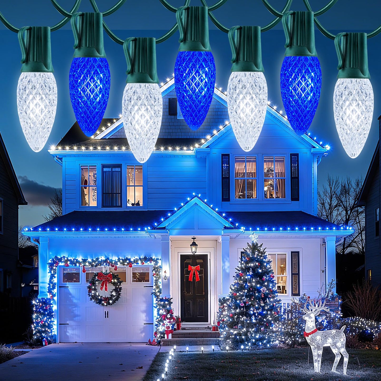 Minetom 100 Feet Led Christmas Lights,Blue White C9 Christmas String Lights Outdoor, 100 Strawberry Bulbs Connectable UL Certified for Indoor Outdoor Roofline Patio Holiday Party Backyard Xmas Decor