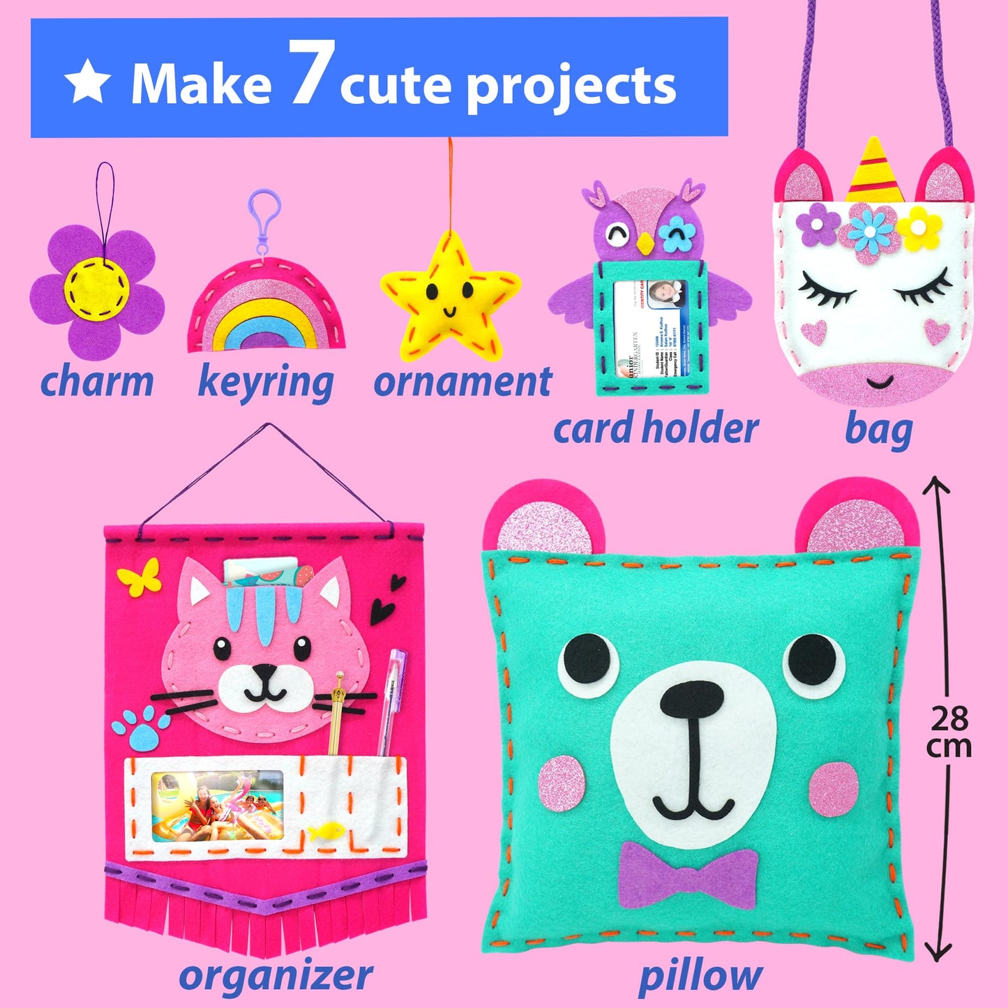 KRAFUN My First Sewing Kit for Kids Ages 5-9, Beginner Art & Craft with 6 Easy Doll, Pillow, Bag, Ornament Projects, Plush Felt, Safe Plastic Needle, Instructions Learn Sewing, Embroidery