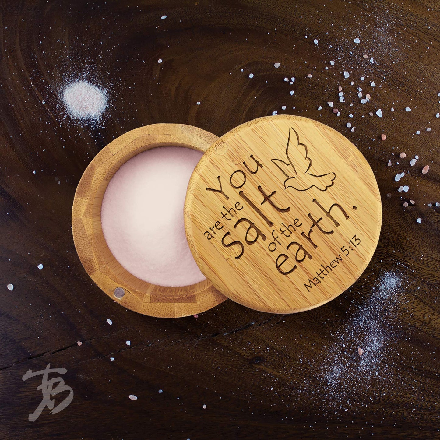 Totally Bamboo Salt Cellar Bamboo Storage Box with Magnetic Swivel Lid, 6 Ounce Capacity, You are the Salt of the Earth Matthew 5:13 Engraved on Lid