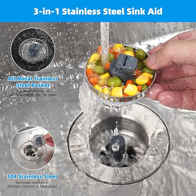 Hibbent 3 in 1 Kitchen Sink Drain Strainer, Stainless Steel Drain Stopper Combo