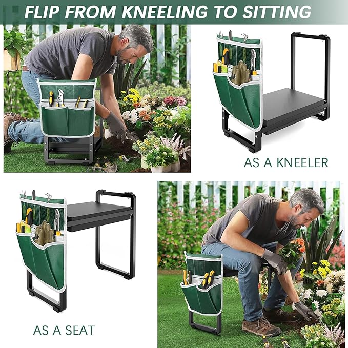FLINTER 10.2" Wider Garden Kneeler and Seat, Heavy Duty Thick Gardening Bench for Kneeling and Seat - Garden Kneelers for Seniors, Gardening Stools for Women, Grandparents, Gardeners, Black