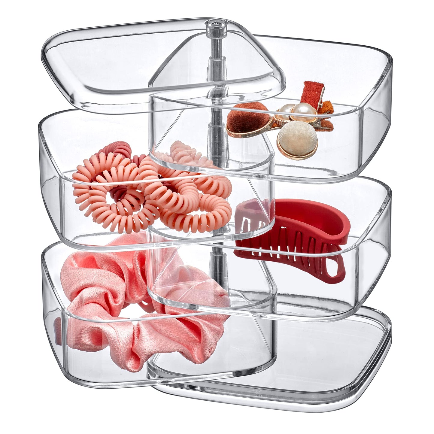 Amazing Abby - Inspire - 4-Tier Acrylic Hair Accessories Organizer with Lid, Plastic Jewelry Holder, Rotating Makeup Accessories Container, Beauty Supply Storage, Clear, Square (4.5" x 4.5")